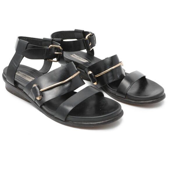 BALENCIAGA Leather Gladiator Sandals Black Gold Italy Designer Strappy Summer - Picture 1 of 16